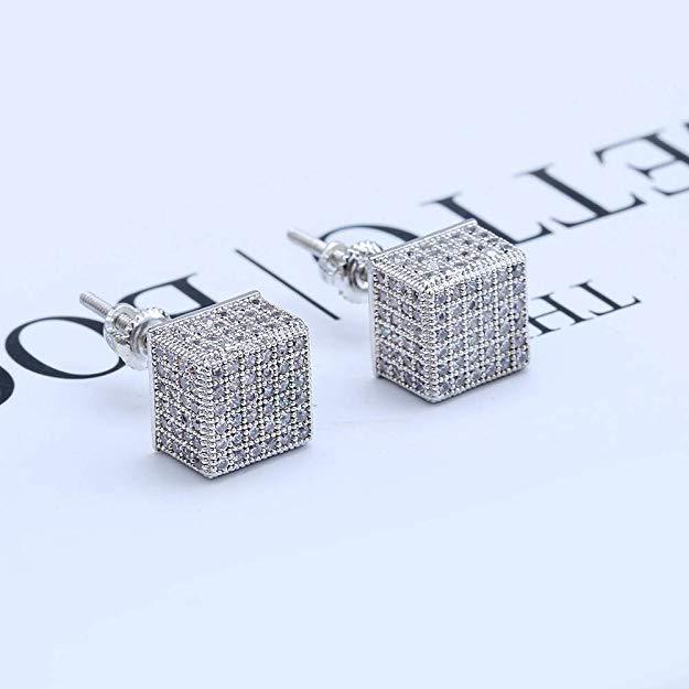 3D Cubed White Elements Stud Earrings In White Gold Men Women