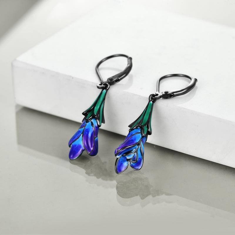 Stainless Steel Purple Tulip Flower Dangle Handmade Dangle Drop Earrings