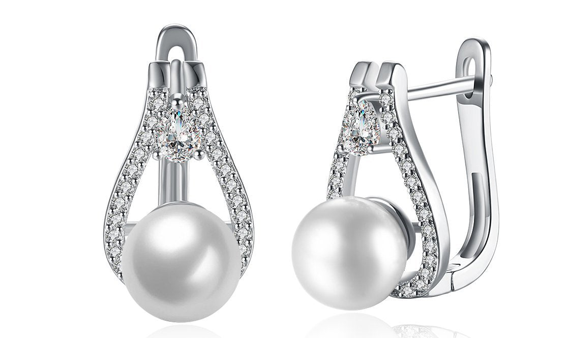 White Gold Plating Austrian Elements Pav'e Freshwater Pearl Pear Cut Earrings