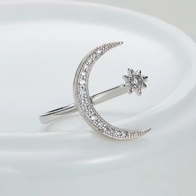 White Gold Crescent Moon & Star Adjustable Open Ring For Her In Stainless Steel