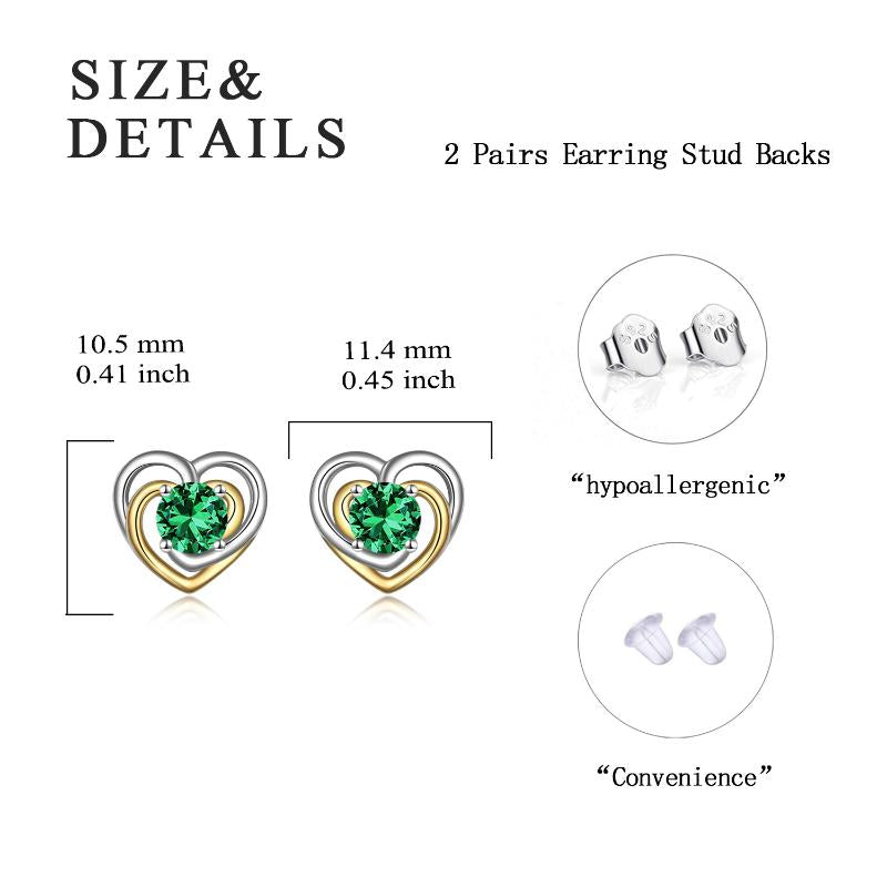 Stainless Steel Heart Stud Earrings With May Birthstone Emerald For Women