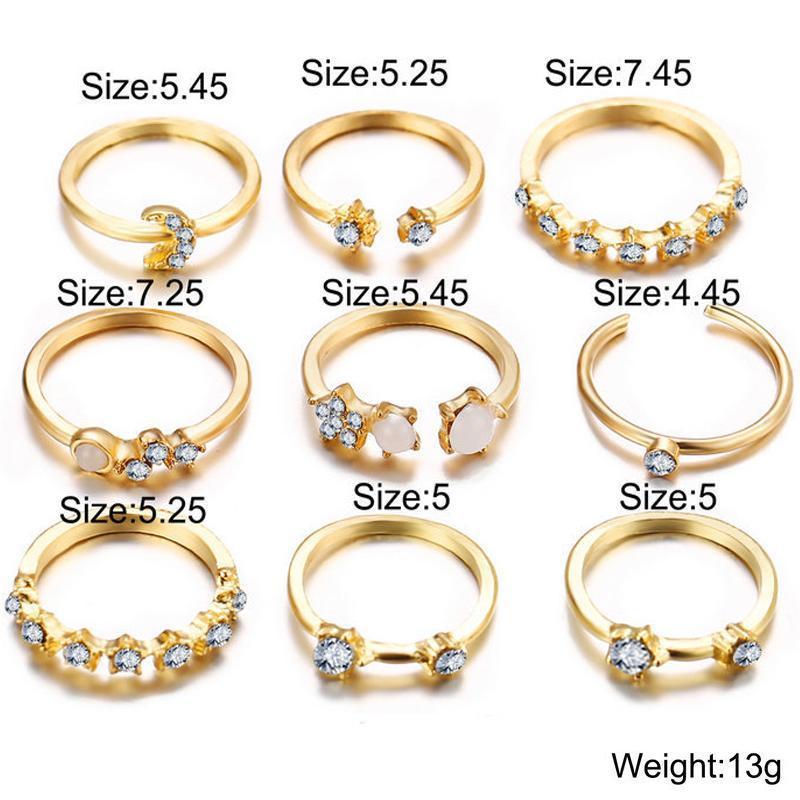 9 Piece Celestial Ring Set With Austrian Crystals Gold Plated Ring Set In Gold Plated