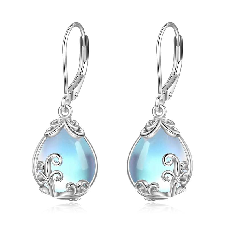 Moonstone Filigree Teardrop Drop Dangle Earrings Stainless Steel Leverback Earrings