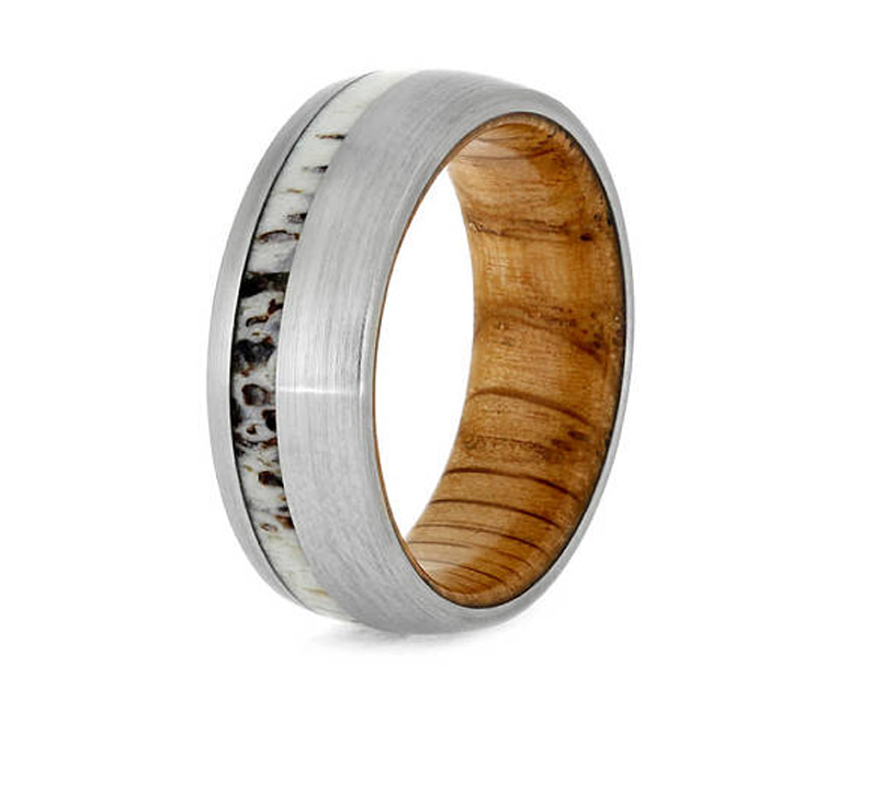 8MM Comfort Fit Titanium Antler And Whiskey Barrel Ring