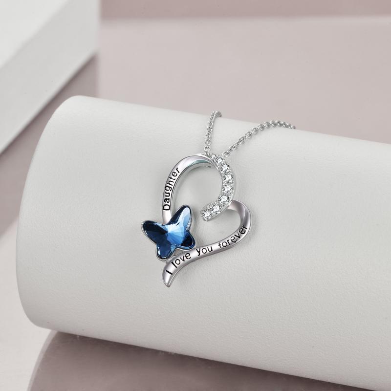 Daughter Necklace Gift For Daughter Birthday Stainless Steel With Blue Butterfly Crystal Heart Necklace