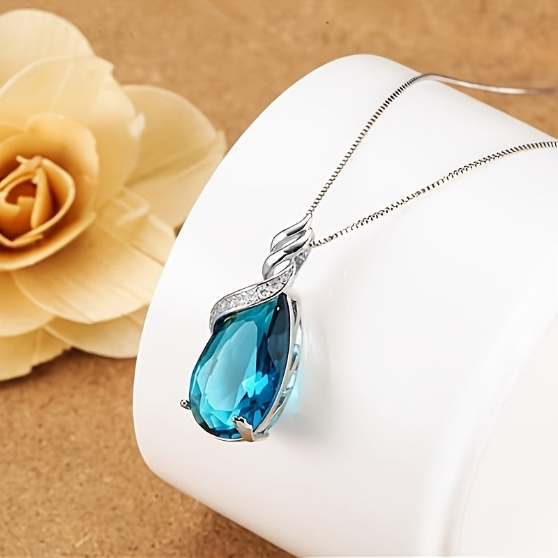 Water Drop Crystal Blue Topaz Pendant Necklace - Stainless Steel