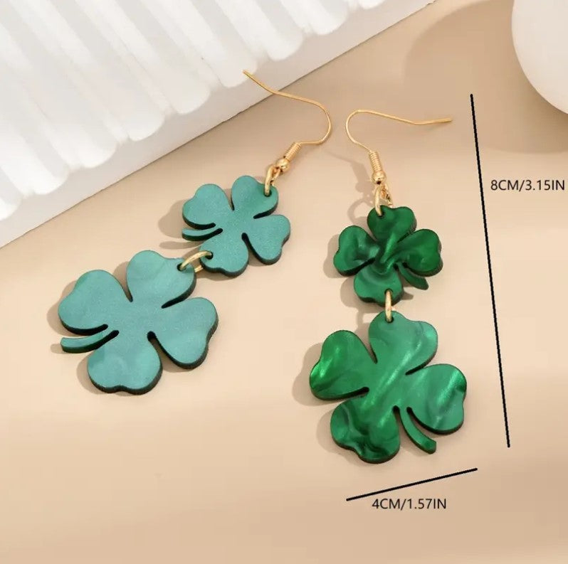 St. Patrick's Day Irish Shamrock Earrings Four Leaf Clover Drop Earrings