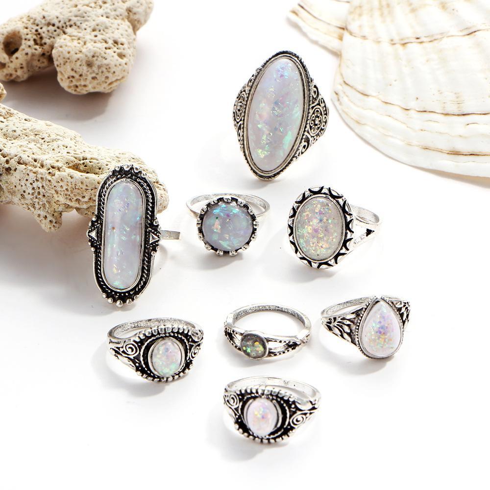 White Gold Plated 8 Piece Opal Ring Set With Austrian Crystals