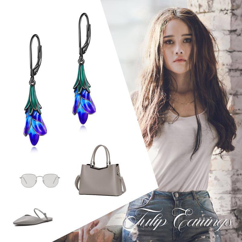 Stainless Steel Purple Tulip Flower Dangle Handmade Dangle Drop Earrings