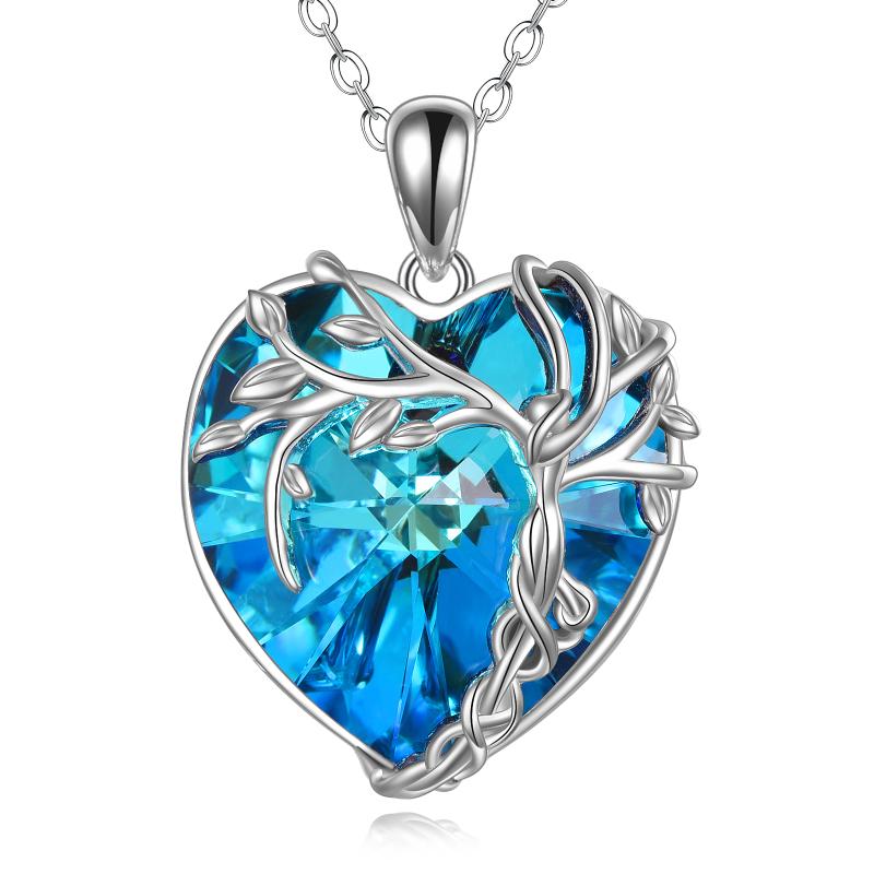 Stainless Steel Blue Crystal Heart Pendant Tree Of Life Necklace