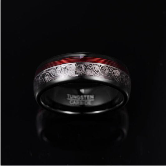 Spiral Motif And Red Guitar String Tungsten Ring 8MM