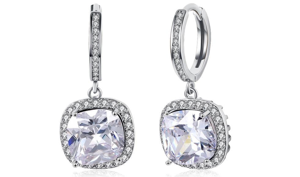 White Austrian Asscher Cut Dangling Lever Back Earrings In White Gold