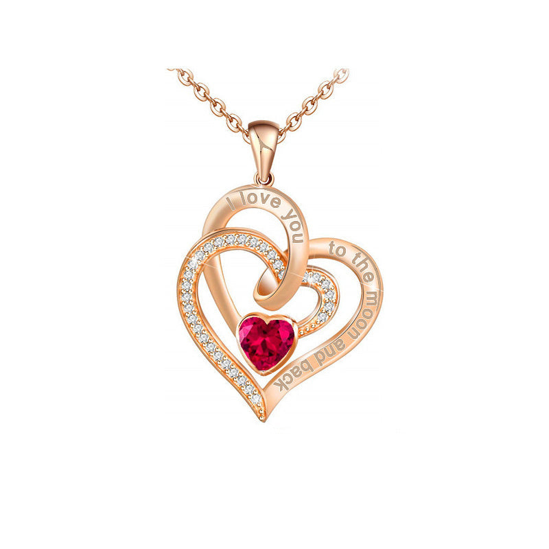 Rose Gold Double Heart Rhinestone Heart Necklace I Love You To The Moon And Back