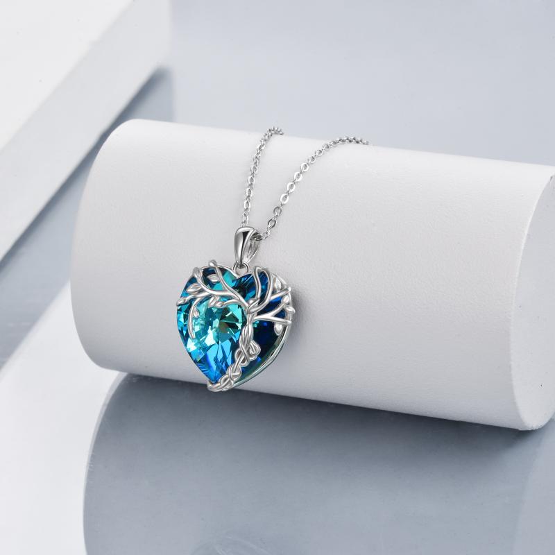 Stainless Steel Blue Crystal Heart Pendant Tree Of Life Necklace