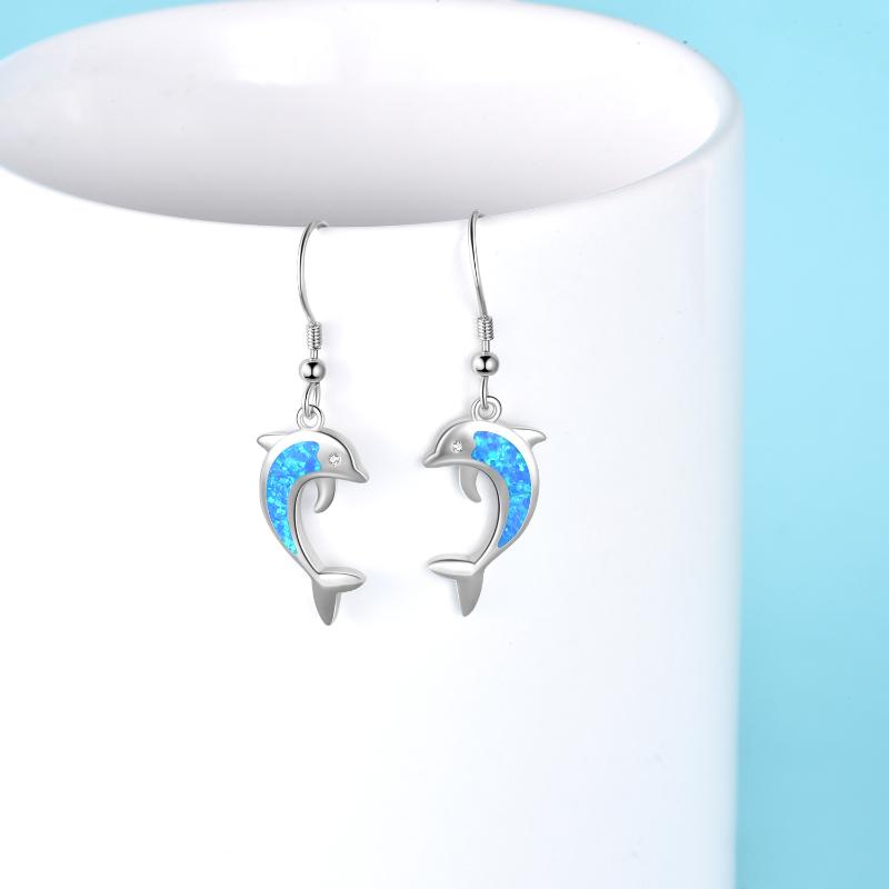 Dolphin Earrings Stainless Steel Blue Opal Ocean Themed Dangle Earrings Jewelry With Fishhook