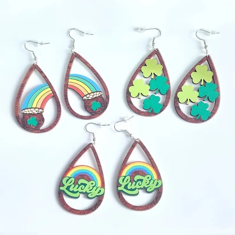 Wooden St. Patrick's Day Drop Earrings