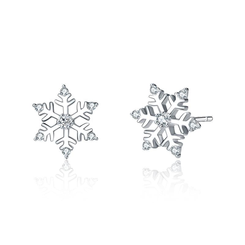 Women's Snowflake Stud Earrings, Stainless Steel, Cubic Zirconia