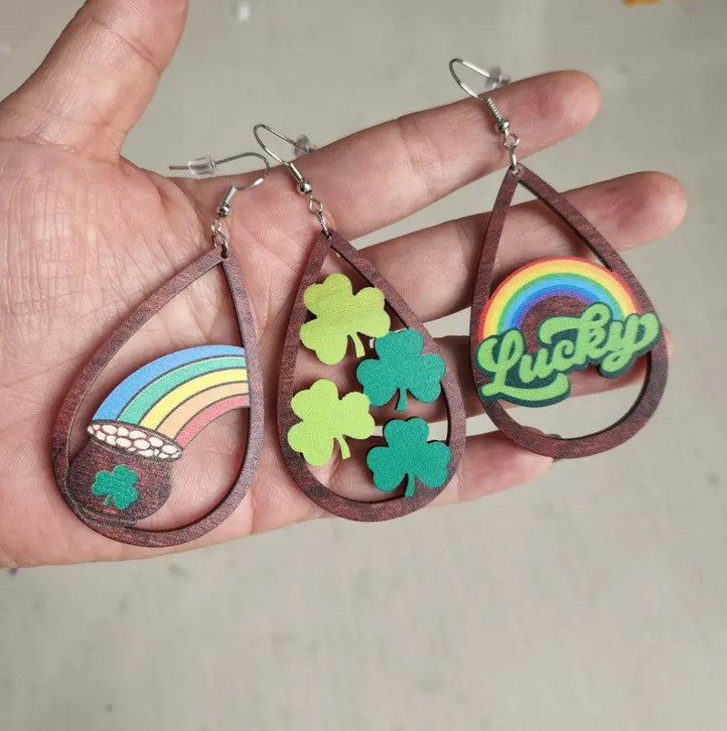 Wooden St. Patrick's Day Drop Earrings