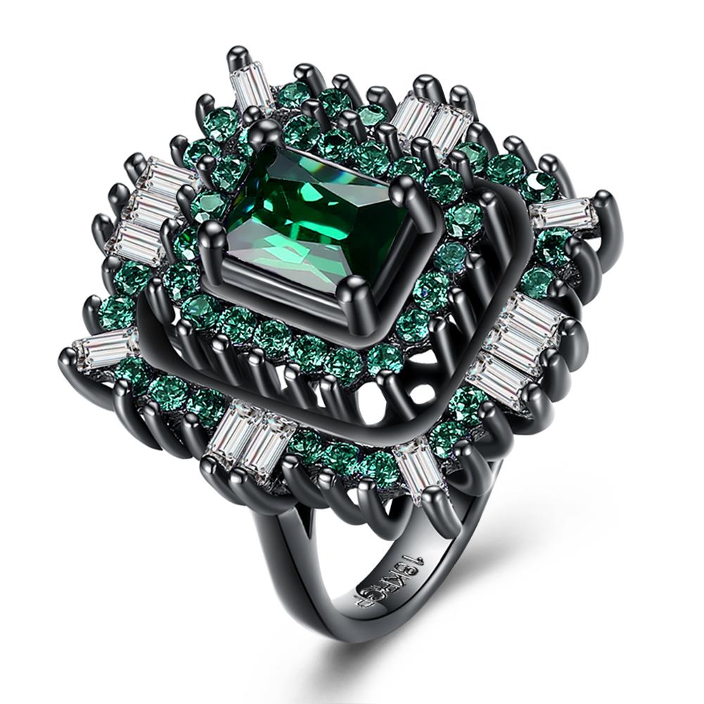 Black Plated Double Teired Cocktail Ring With Green Emerald  Crystals Ring