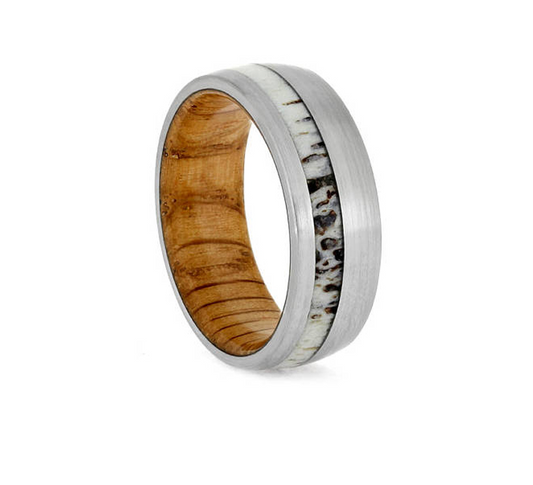 8MM Comfort Fit Titanium Antler And Whiskey Barrel Ring