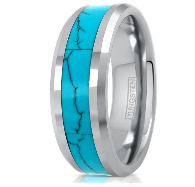 Silver Turquoise Inlay Tungsten Wedding Ring With Beveled Edges