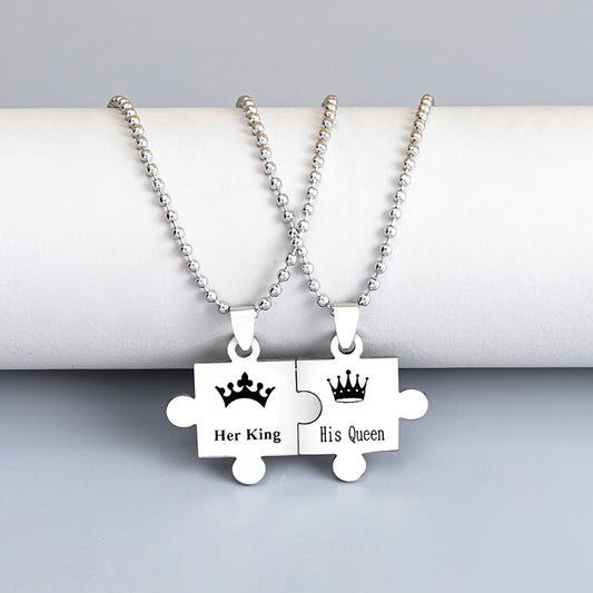 King And Queen Puzzle Pendant Necklace Gift Couples Necklace