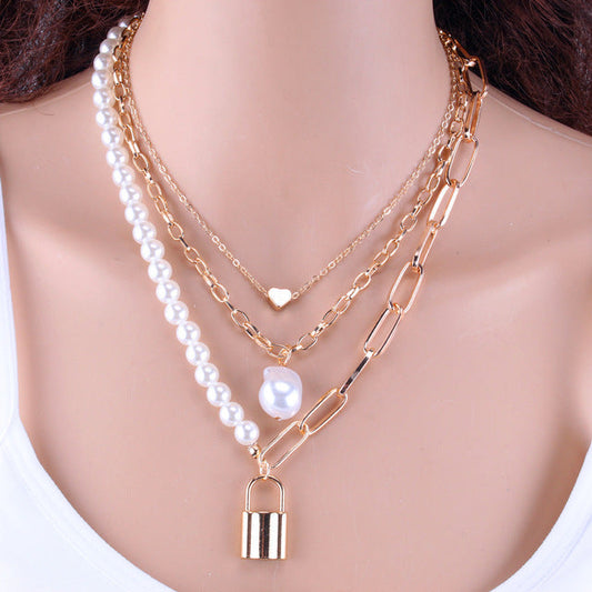 Layered Pearl Gold And Silver Necklace With Pendant For Women