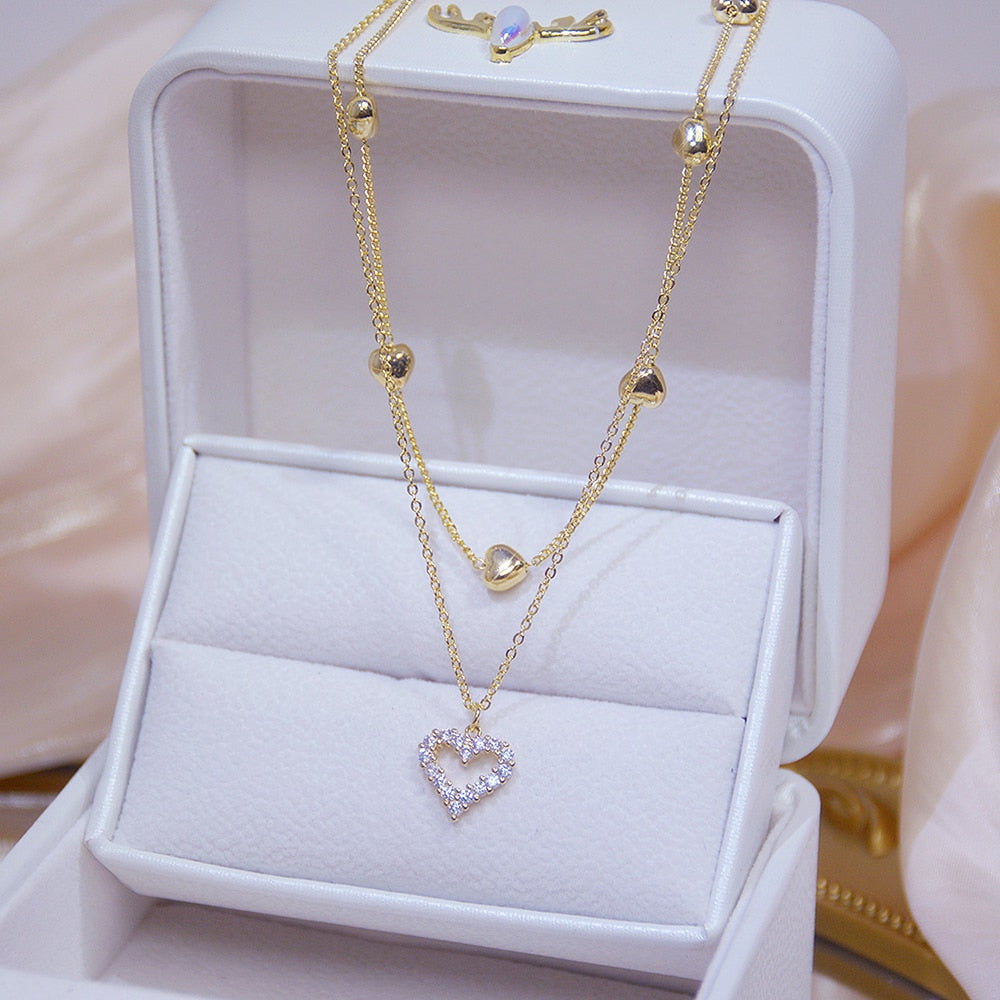 Gold Heart Pendant Necklace Double Layer Cubic Zirconia